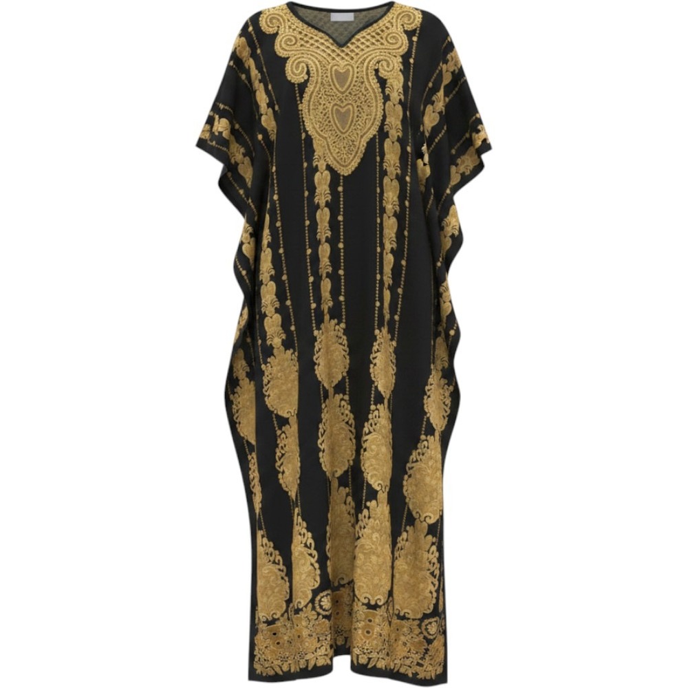 Womens Kaftan Muumuu Navy Gold Sequin M/L Resort Glam Hostess Maxi Dress boho